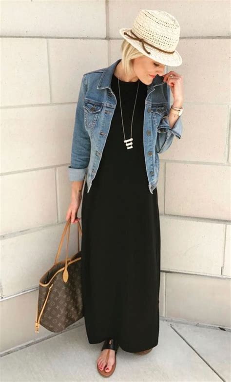 Denim Jacket Over Black Maxi Dress With Cute Sunhat Maxi Dress