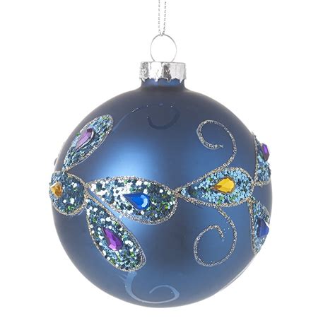 Dark Blue Glass Bauble With Gems Design Old Rowlands