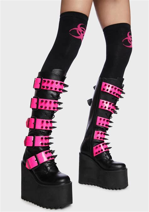 Widow Spiked Buckle Knee High Platform Boots Black Pink Dolls Kill