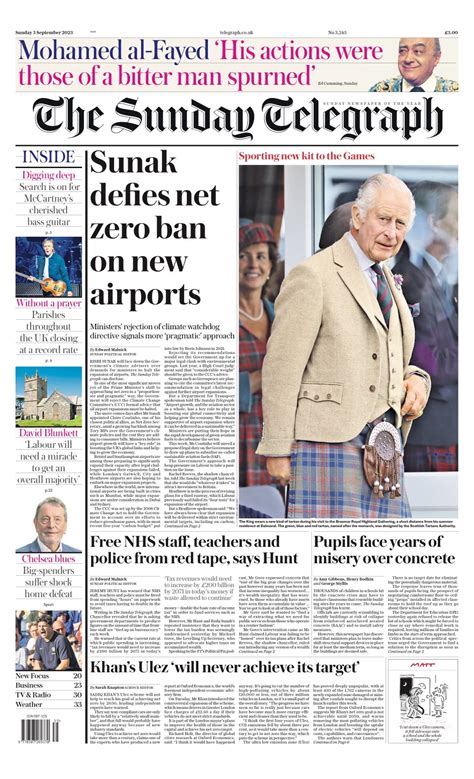 Sunday Telegraph Front Page Rd Of September Tomorrow S Papers