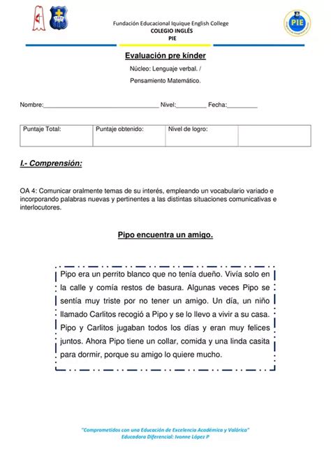 Evaluación Informal Lenguaje Verbal y Pensamiento Matemáticopre kinder