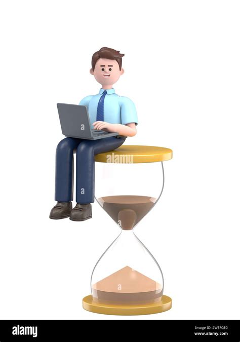 3d Illustration Of Businessman Sitting On The Hourglass With Laptop