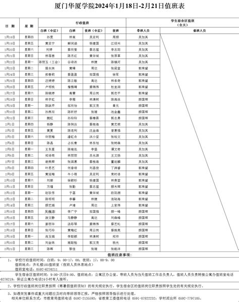 厦门华厦学院2024年1月18日 2月21日值班表 学校办公室 厦门华厦学院