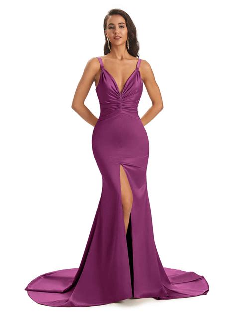 Elegant Soft Satin Spaghetti Straps V Neck Split Floor Length Mermaid