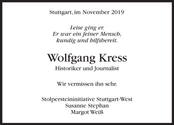 Traueranzeigen Von Wolfgang Kress Stuttgart Gedenkt De