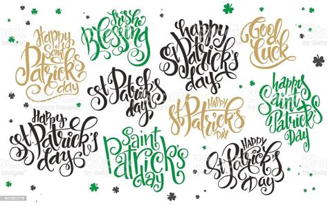 Lettering Saint Patricks Day Greetings Text Set In Various Styles Stock