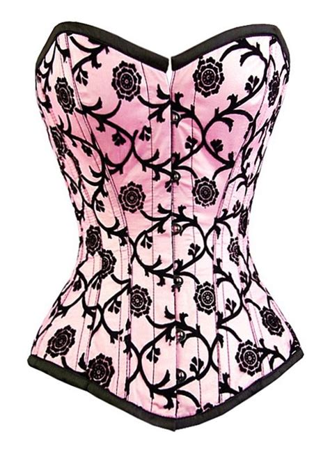 Pink Satin Corset With Black Flock Flowers £51 95 Steel Boned Corsets