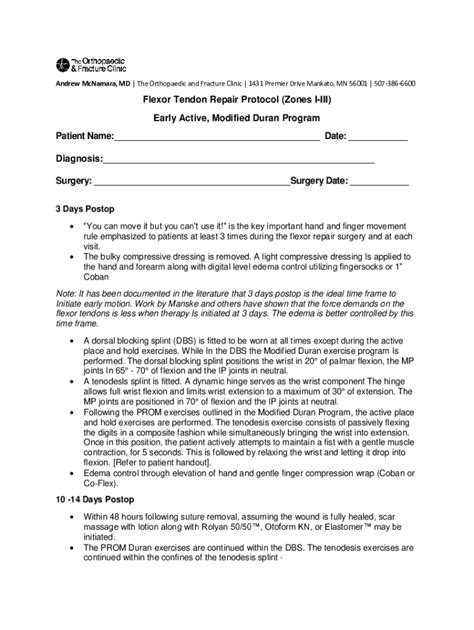 Fillable Online Flexor Tendon Repair Protocol Zones I Iii Early