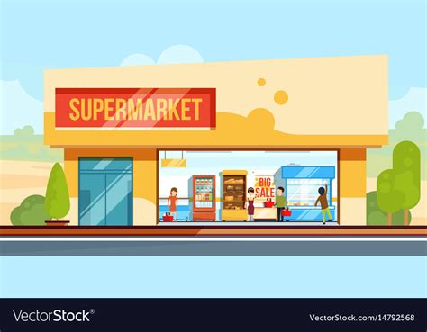 Supermarket in front view with shopping people Vector Image