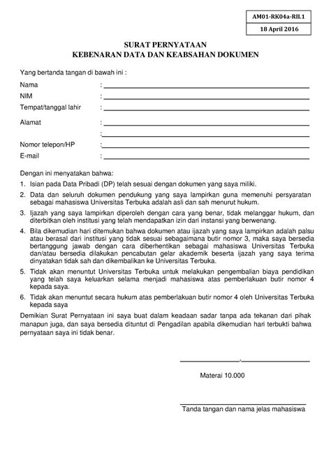 Contoh Surat Pernyataan Keabsahan Dokumen Ut Contoh S