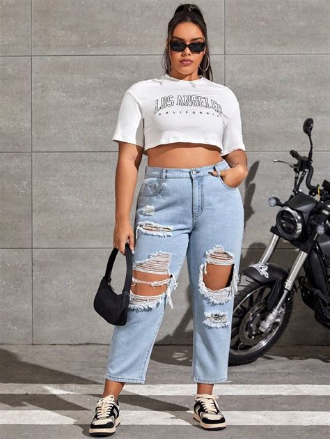 Shein Ezwear Plus High Waist Ripped Mom Fit Jeans Shein