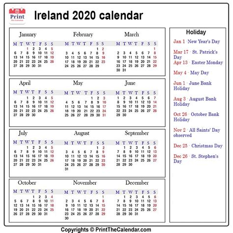 Ireland Calendar 2020 with Ireland Public Holidays