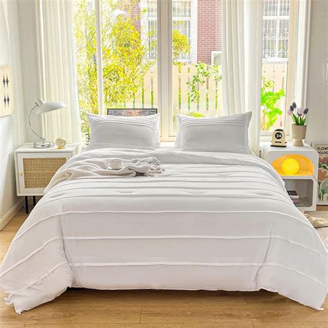 Argstar 3 Pieces White Comforter Set Queen Size Boho Textured Pleated Comforter Soft