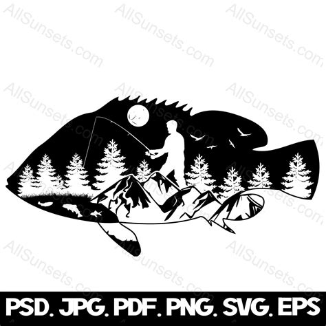 Fish Shape Cutout Clipart Mountain Forest Svg Bass Fishing Etsy