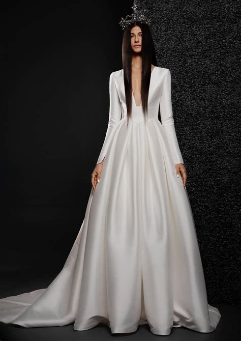 Long Sleeve Mikado Ball Gown Wedding Dress With Dropped Waist And Deep