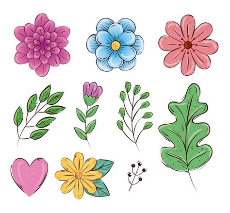 Conjunto De Lindas Flores Y Hojas Dibujadas A Mano Vector Premium