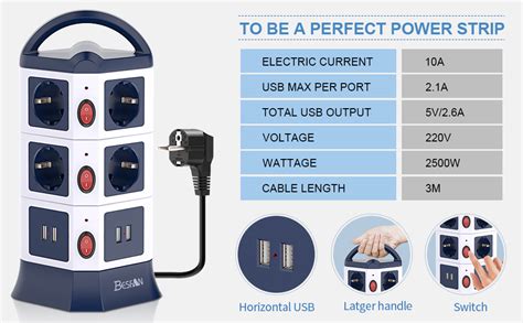 BESFAN Mehrfachsteckdose Tower 10 Fach Steckdosenleiste Mit USB 3M