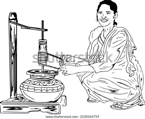 Punjabi Girl Churning Curd Extracting Butter Stock Vector Royalty Free