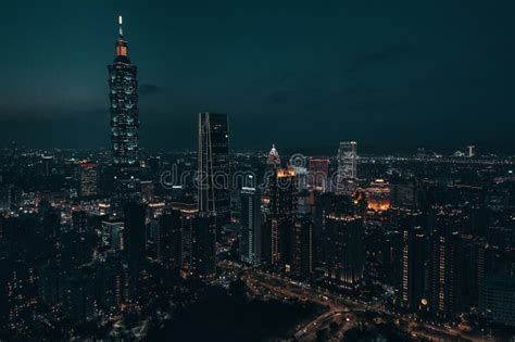 Aerial Drone Photo City Of Taipei Taiwan At Night Stock Photo