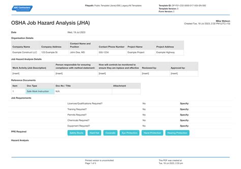 Job Hazard Assessment Form Template