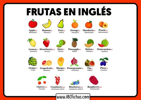 Fichas de Vocabulario de Las Frutas en Inglés para Niños