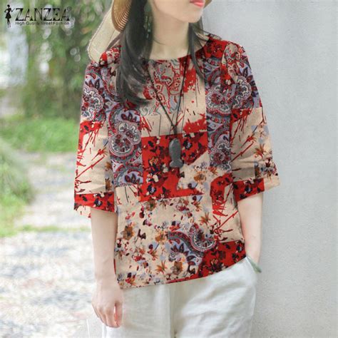 Celmia Zanzea Women Casual Loose Floral Print Blouse Crewneck