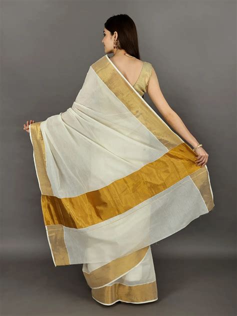 Cloud Cream Kasavu Puja Saree From Kerala With Golden Border Exotic