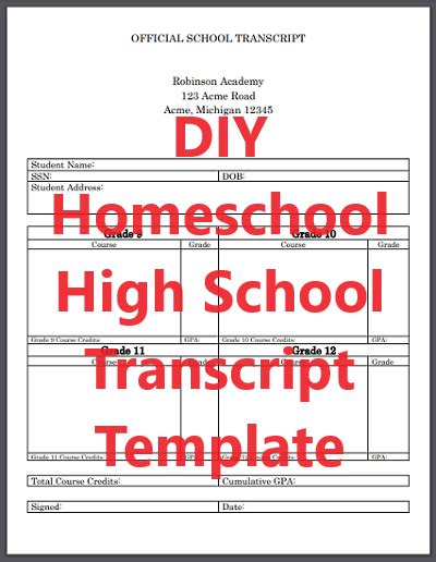 Official High School Transcript Template For Homeschool Student Handouts