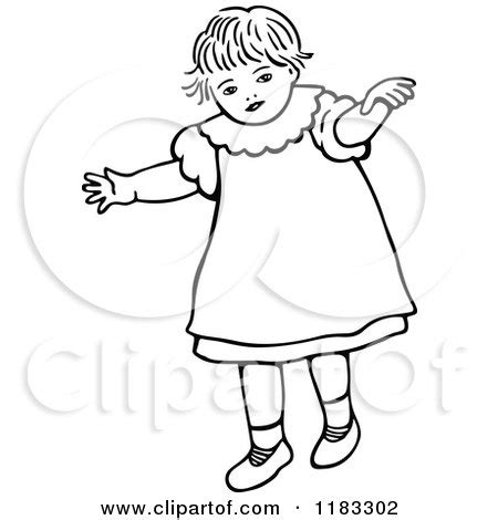 Clipart of a Black and White Toddler Girl Walking - Royalty Free Vector ...