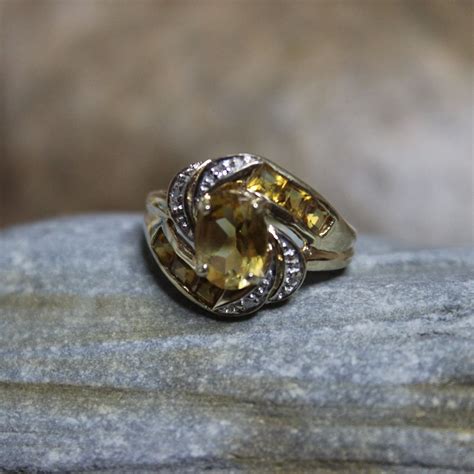 1990s Vintage 10k Solid Gold Citrine Diamond Ring 24 Grams Size 4