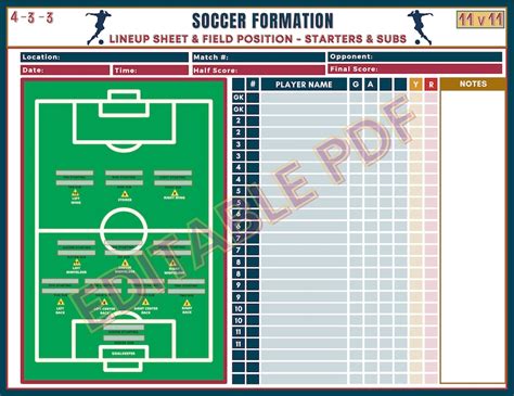 11v11 Soccer Formation Lineup Sheet With Starters and Subs, Fillable ...