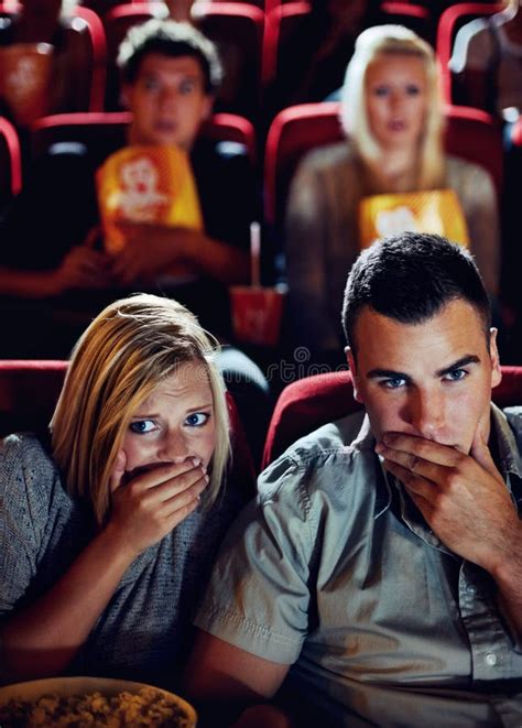 Cinema Smile And Couple With Popcorn Watching Film Or Eating On