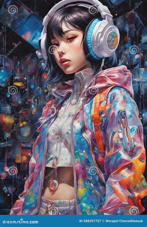 Colorful Anime Girl With Headphone And Pvc Jacket In Futuristic Fashiongenerative Ai Stock