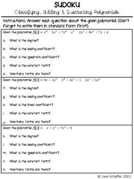 Classifying Adding And Subtracting Polynomials Sudoku Puzzle Tpt