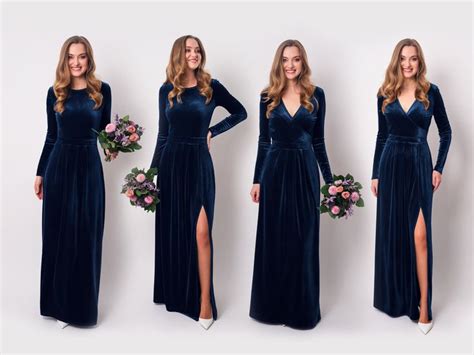 Navy Blue Velvet Long Dress Bridesmaid Velvet Dress Wedding Dress