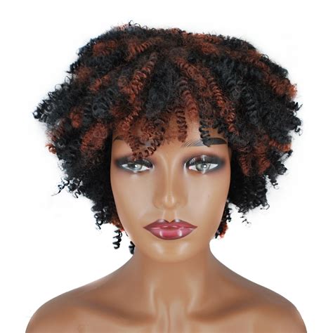 Short Kinky Curly Wig With Bang Ombre Auburn Wig For Black Men Womens Drawstring Synthetic Wigs