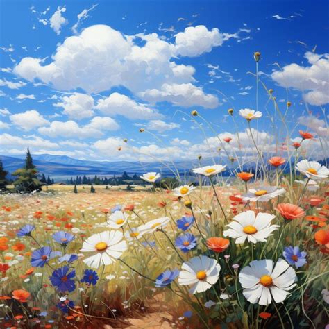 Pintura De Un Campo De Flores Silvestres Con Un Cielo Azul Y Nubes