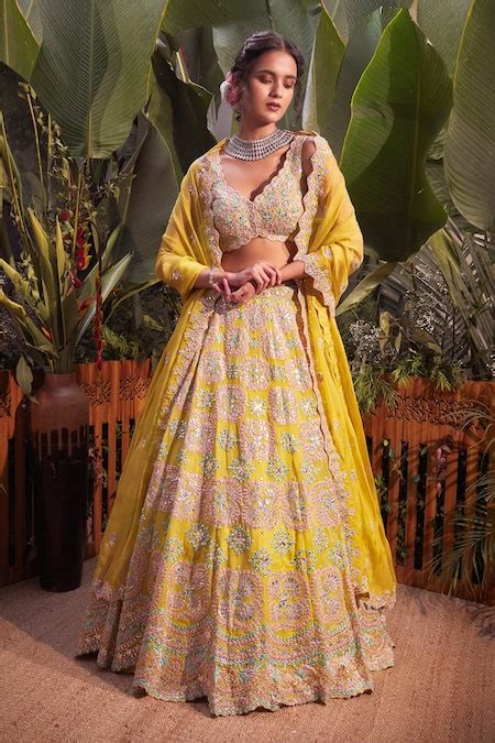 Buy Yellow Organza Embroidery Mirror V Neck Bridal Lehenga Set For