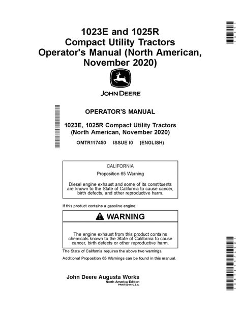 John Deere 1023e And 1025r Compact Utility Tractors November 2020 Omtr117450 Operators And