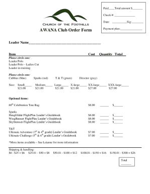 Fillable Online Awana Club Order Form Clover Sites Fax Email Print