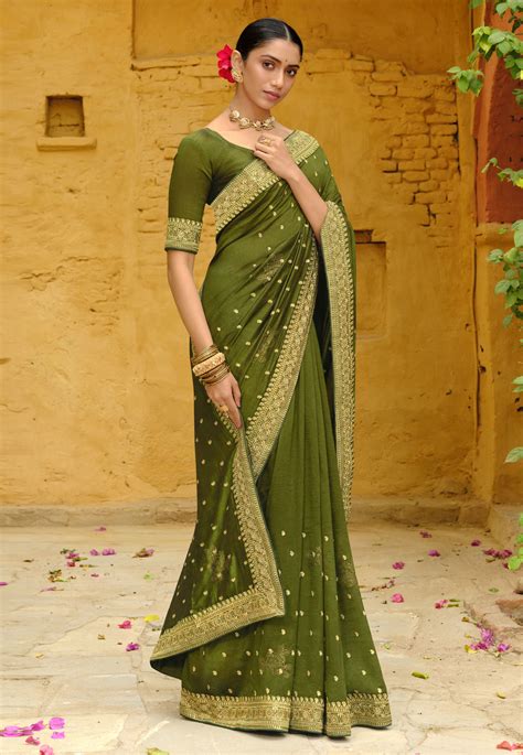 Silk Saree With Blouse In Mehndi Colour