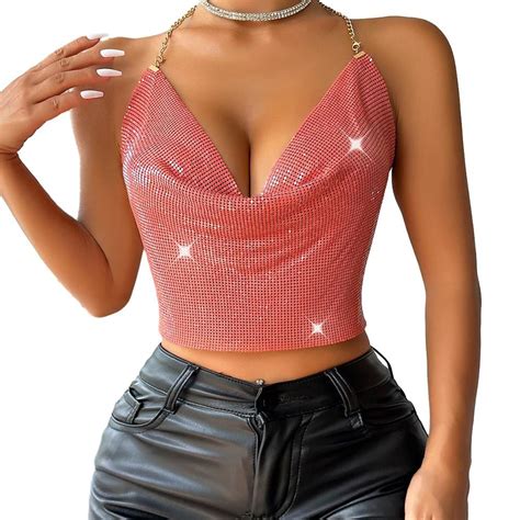 Female Sexy Hot Girl Nightclub Y2k Sequins Backless Halter Neck Camisole