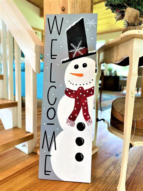 Welcome Snowman Porch Sign Winter Porch Sign Vertical Wood Etsy