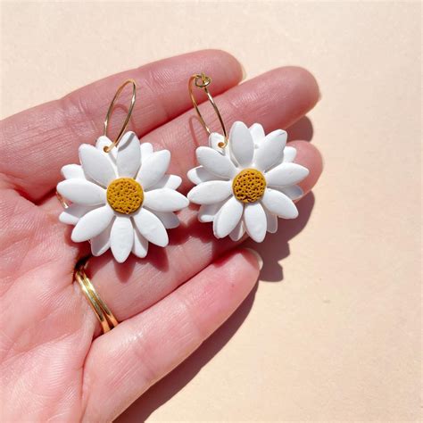 White Daisy Hoop Earrings Dangle Flower Earringsfloral Etsy