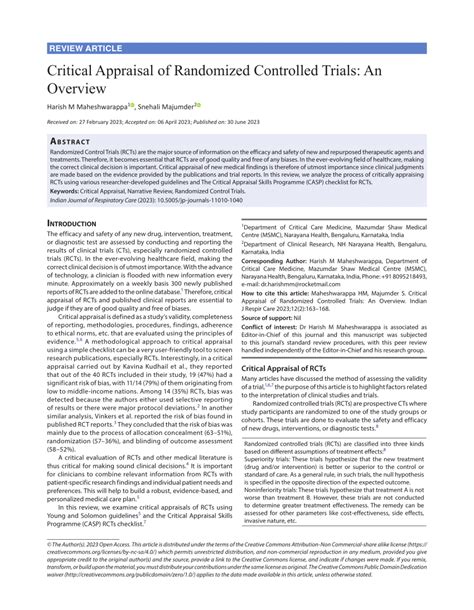 Pdf Critical Appraisal Of Randomized Controlled Trials An Overview