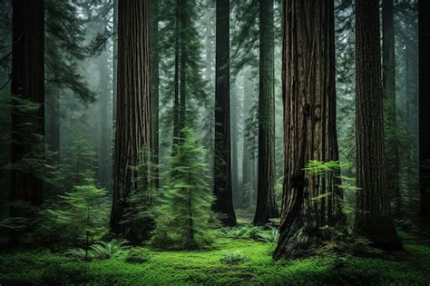 Premium AI Image Majestic Redwood Trees In A Foggy Forest