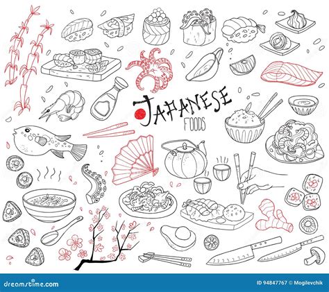 Hand Drawn Japanese Cuisine Elements Set Stock Vector Illustration Of