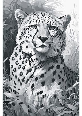 Vector Illustration Of A Cheetah Looking Up In Black And White Drawing