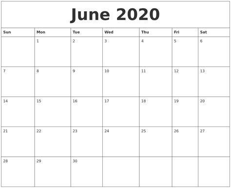 June 2020 Calendar