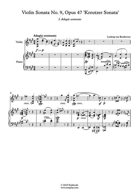 Violin Sheet Music Violin Sonata No. 9 in A major, Opus 47 'Kreutzer Sonata' – I. Adagio ...